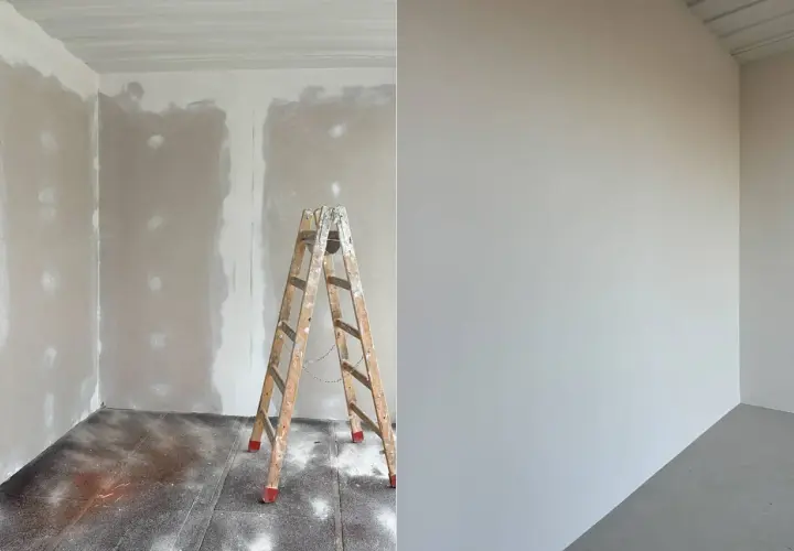 Vorher-Nachher-Vergleich: Gipskarton streichen ohne Tapete. Links unfertige Wand mit Leiter, rechts fertig gestrichene, glatte Wand.