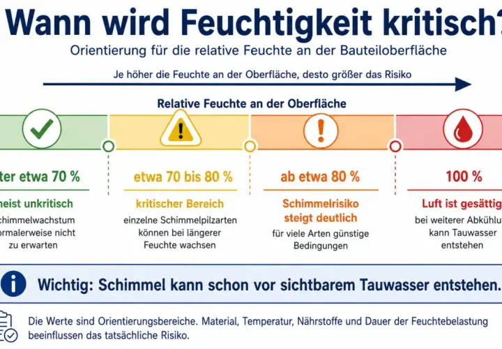 Im Sommer kann 70 prozent Luftfeuchtigkeit kritisch werden. Ab 80% steigt das Schimmelrisiko deutlich.