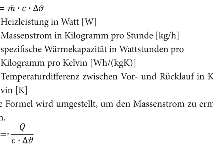 Formel zur Berechnung der Heizleistung und des Massenstroms, wichtig für die heizungspumpe durchflussmenge.