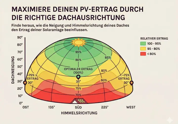 Diagramm zeigt den relativen PV-Ertrag in Abhängigkeit von Dachneigung und Himmelsrichtung. Optimaler Ertrag bei Südausrichtung und 35° Neigung.
