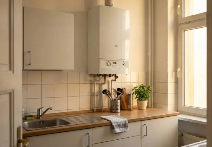 Eine Etagenheizung, die Wärme für die Wohnung liefert, hängt über der Küchenspüle.