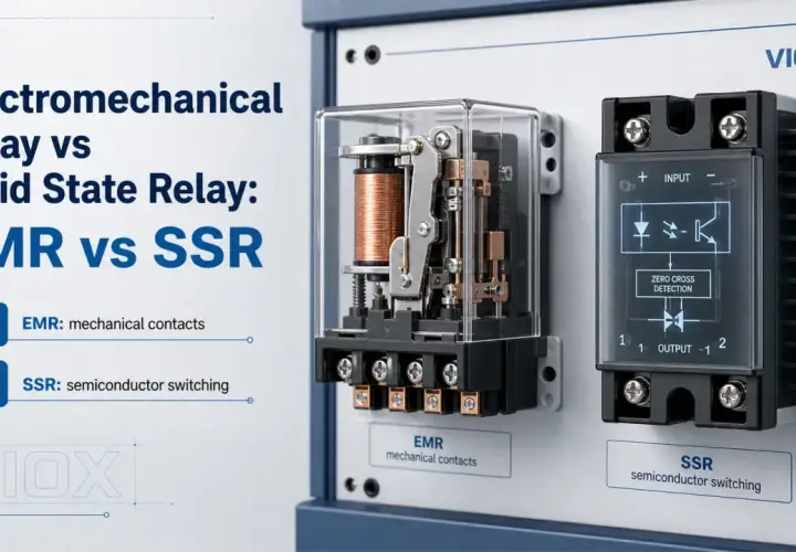 Vergleich von EMR und SSR. Ein mechanisches Relais (EMR) und ein Solid State Relais (SSR) werden gezeigt. Nachteile von Solid State Relais sind nicht direkt ersichtlich, aber die Technologie wird erklärt.