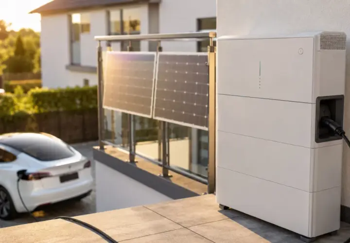 Ein Balkonkraftwerk lädt ein E-Auto. Solarmodule auf dem Balkongeländer und ein Speichergerät mit Ladekabel sind zu sehen.