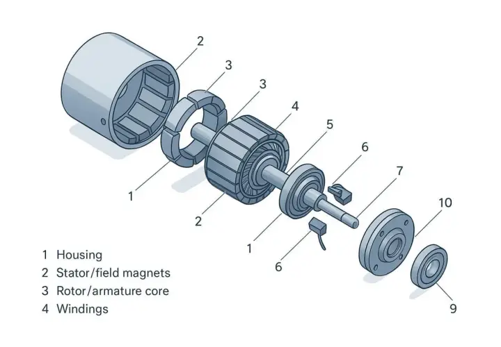 Explosionszeichnung eines Gleichstrommotors: Gehäuse (1), Stator/Magneten (2), Rotor/Anker (3) mit Wicklungen (4). So funktioniert ein DC Motor.
