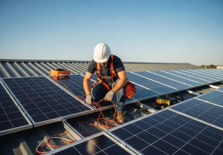 Mann mit Helm und Geschirr installiert PV-Anlage auf einem Dach. Er verbindet Kabel, um die Anlage anzumelden, ohne einen Elektriker zu benötigen.