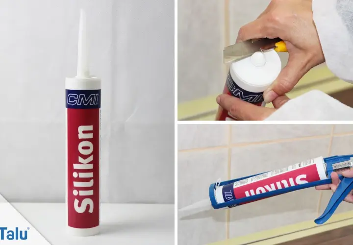 Silikonkartusche wird vorbereitet und aufgetragen. Der Unterschied zwischen Acryl und Silikon ist wichtig für die Anwendung.