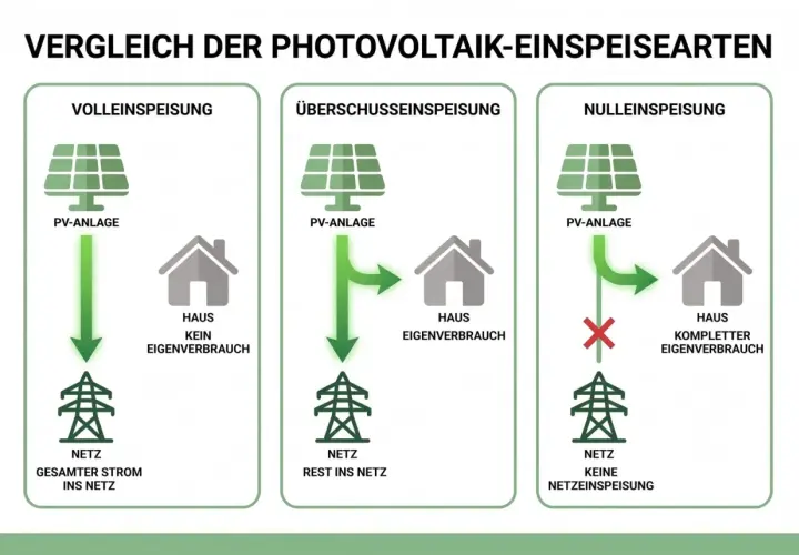 Vergleich von Einspeisearten: Volleinspeisung (Strom ins Netz), Überschusseinspeisung (Rest ins Netz) und Nulleinspeisung (keine Netzeinspeisung, kompletter Eigenverbrauch).