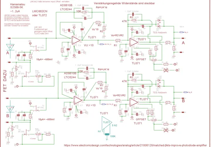 Schaltplan einer Fotodiode-Schaltung mit TL071-Operationsverstärkern und AD8610B-Verstärkern.