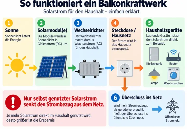 Schema erklärt, wie ein Balkonkraftwerk funktioniert: Sonne, Module, Wechselrichter, Steckdose, Geräte, Überschuss. Warum Balkonkraftwerk anmelden? Für sicheren Betrieb und Einspeisung.
