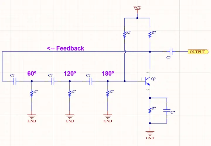 Schaltplan eines Oszillators mit Rückkopplungsschleife, die Phasenverschiebungen von 60°, 120° und 180° erzeugt.