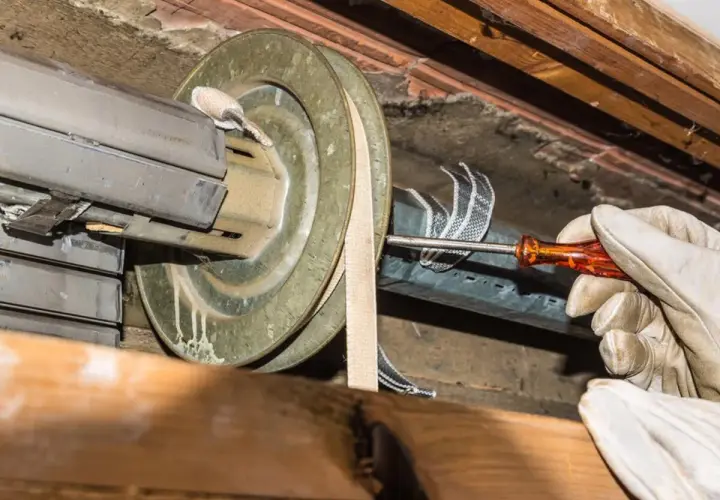 Hand mit Handschuh schraubt am Rollladen. Der alte Rolladengurt wird gewechselt, um den Rollladen wieder funktionsfähig zu machen.