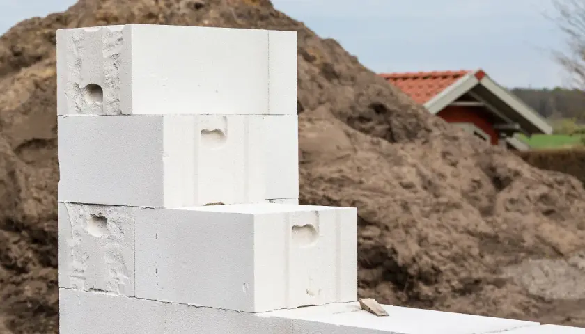 Baustelle: Stapel von Porenbetonsteinen warten darauf, verputzt zu werden. Im Hintergrund ein kleineres Gebäude.