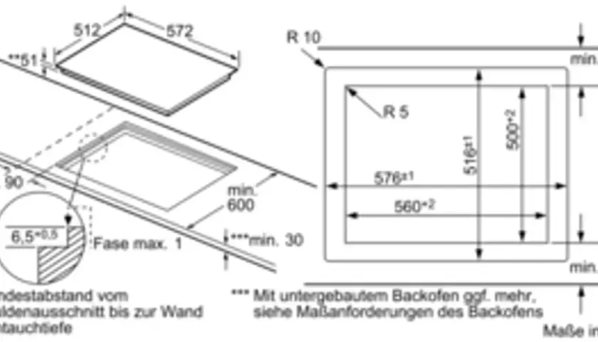 Einbauanleitung für ein Ceranfeld mit genauen Maßen und Abständen.