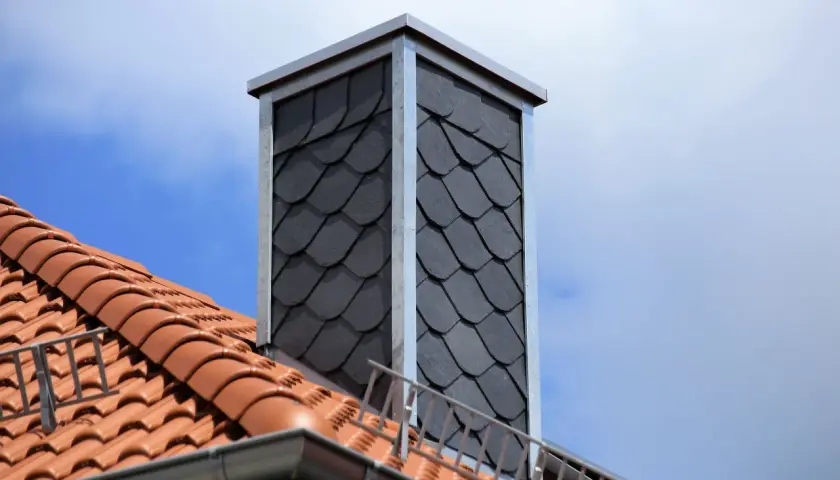 Moderner Schornstein mit Schieferplatten verkleidet. Beachten Sie die **Schornstein verkleiden Vorschriften** für eine sichere und ästhetische Lösung.