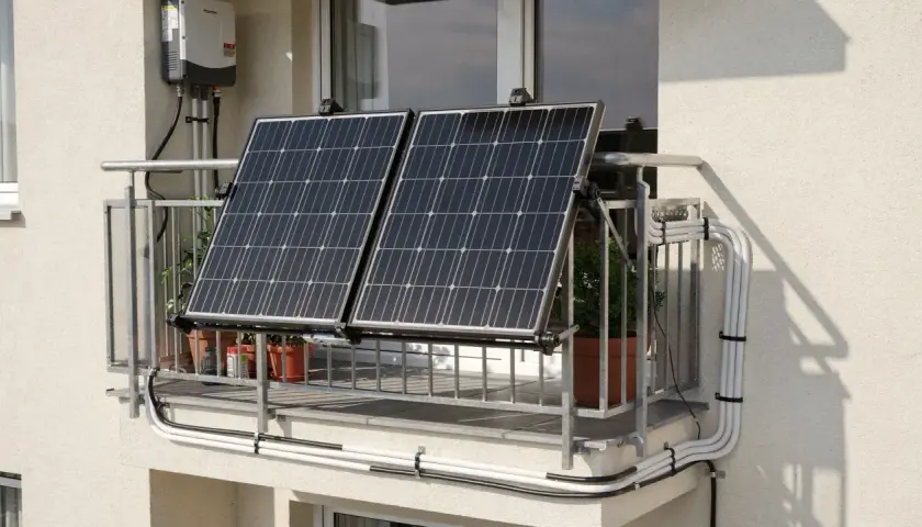 Zwei Solarmodule auf einem Balkongeländer, mit einem Wechselrichter an der Wand. Eine einfache Lösung für solar ohne anmeldung.