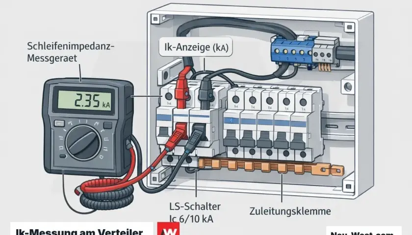 Sicherungskasten Aufbau: Schleifenimpedanz-Messgerät zeigt 2.35 kA an. LS-Schalter und Zuleitungsklemme sind sichtbar.