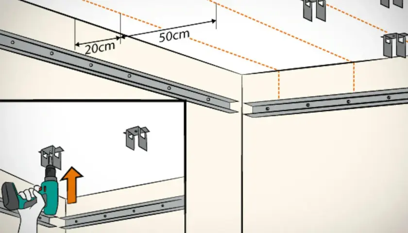Montage von Rigips-Deckenprofilen: Abstand Lattung Rigips Decke 20cm und 50cm, mit Halterungen und Schrauber.