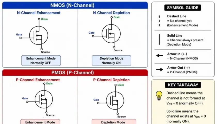 Übersicht über NMOS- und PMOS-MOSFET-Schaltzeichen: Enhancement- und Depletion-Modi.