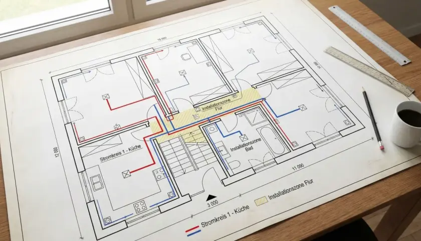 Bauplan mit roten und blauen Leitungen zur Planung von Steckdosen. Ein Architekt plant die Elektroinstallationen.
