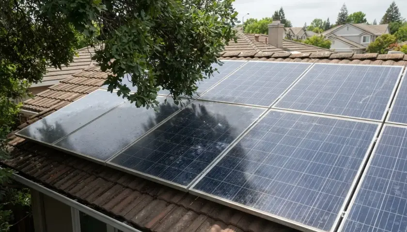Solarmodule auf einem Ziegeldach, teilweise von einem Baum beschattet. Die PV-Anlage ist gedrosselt, da sie nicht optimal bestrahlt wird.