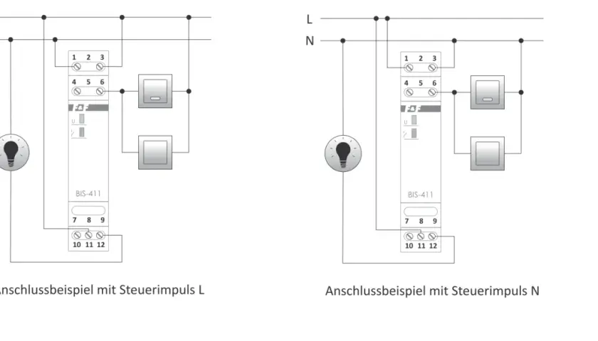 Schaltplan zeigt die bistabiles Relais Funktion mit Steuerimpulsen L und N, die eine Lampe schalten.