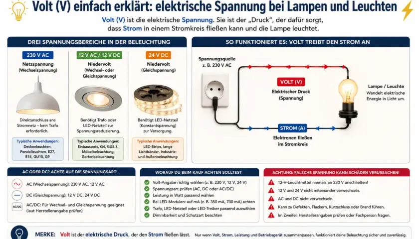 Volt (V) ist der elektrische Druck, der Strom fließen lässt. Das Bild erklärt Spannungsbereiche, Funktionsweise und worauf beim Kauf zu achten ist.