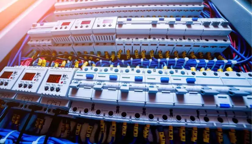 Elektrischer Schaltschrank mit vielen Sicherungen und digitalen Anzeigen. Die **afdd pflicht** sorgt für Sicherheit.