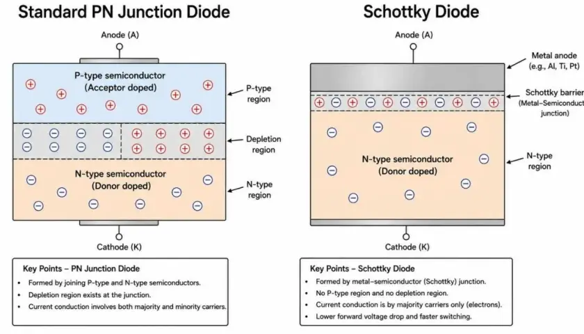 Vergleich PN- und Schottky-Diode. Die Schottky-Diode zeigt eine Metall-Halbleiter-Verbindung für schnelle Anwendungen.
