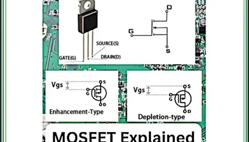 MOSFET-Anwendung: Ein MOSFET-Bauteil, Schaltplan und Symbole für Anreicherungs- und Verarmungstypen.