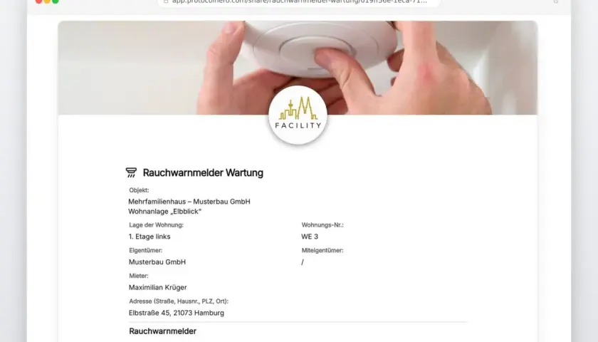 Rauchmelder Wartungsprotokoll für die Wohnung von Maximilian Krüger in Hamburg. Die Wartung des Rauchmelders wurde durchgeführt.
