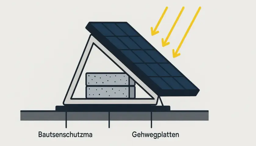 Balkonkraftwerk am Balkon befestigen: Solarmodul auf Gehwegplatten mit Bautenschutzmatte, beschienen von Sonnenstrahlen.