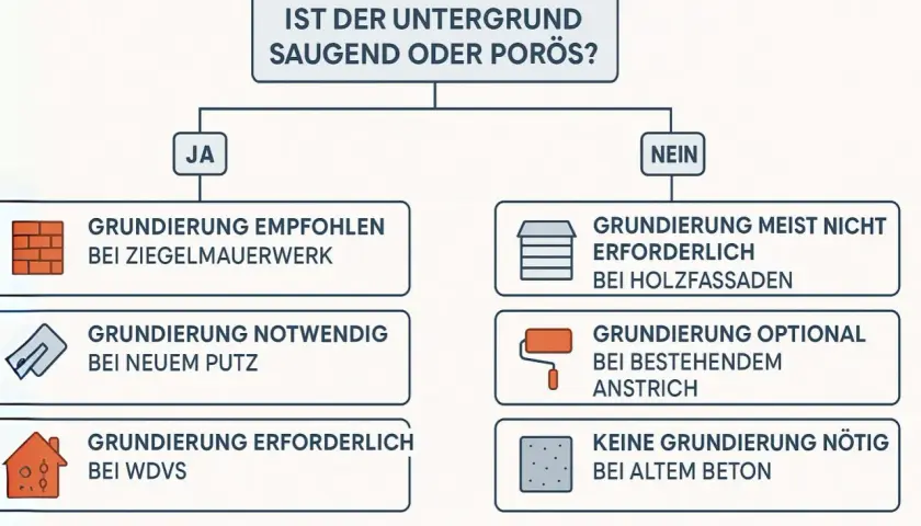 Flussdiagramm: Ist der Untergrund saugend/porös? Ja: Grundierung empfohlen bei Ziegel, notwendig bei Putz, erforderlich bei WDVS. Nein: Grundierung meist nicht nötig bei Holz, optional bei altem Anstrich, keine Grundierung bei Beton.