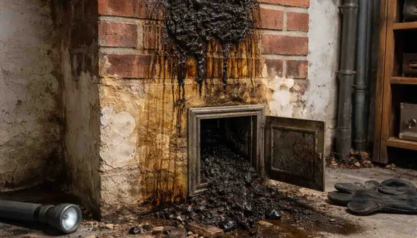 Schwarzer Ruß tropft aus einem Kamin, der eine **Versottung** zeigt. Eine Klappe ist geöffnet, und Ruß fällt heraus. Handschuhe und eine Taschenlampe liegen daneben.