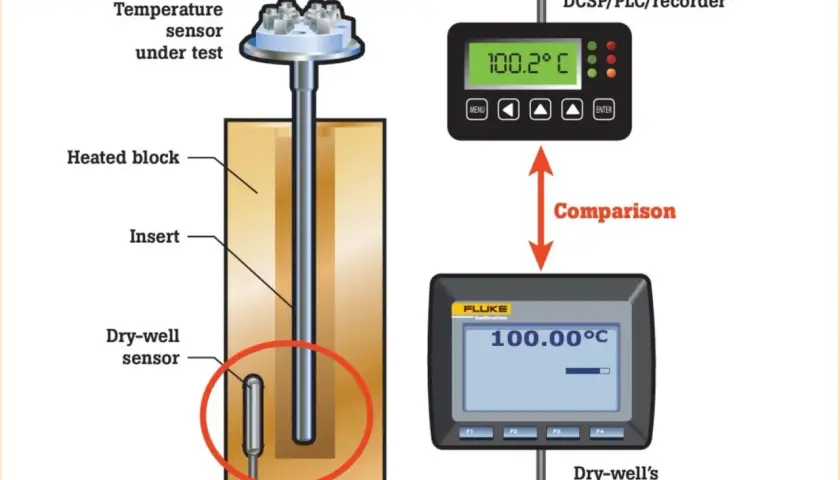 Vergleich eines zu prüfenden Temperatursensors mit einem Referenzthermometer zur Kalibrierung.