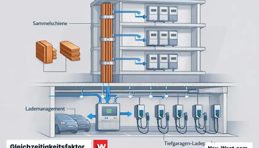 Schema einer Elektroinstallation mit Sammelschiene, Lademanagement und Tiefgaragen-Ladepunkten. Die Sicherungskasten Beschriftung ist hier nicht direkt sichtbar, aber die Funktion wird klar.