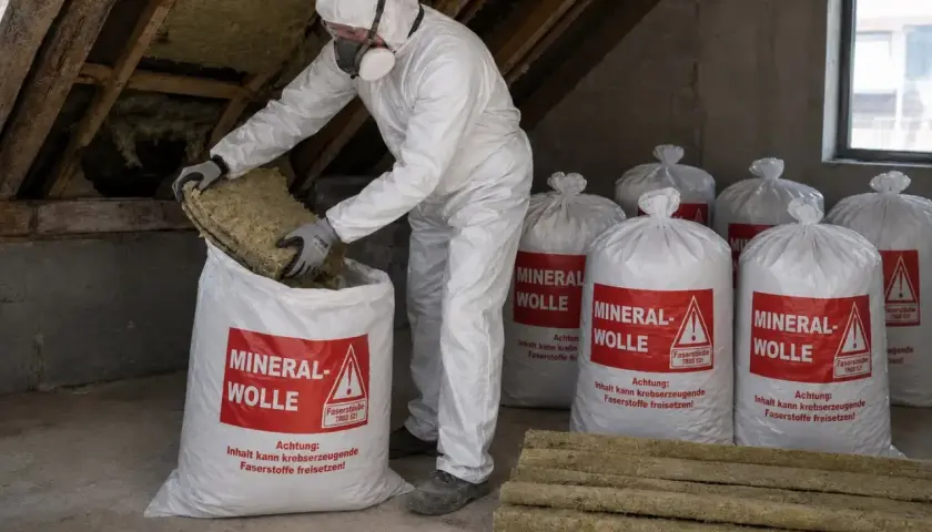 Mann in Schutzkleidung packt Mineralwolle in Säcke. Mehrere Säcke mit der Aufschrift "MINERALWOLLE" stehen bereit zur fachgerechten Entsorgung.