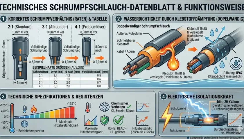 Schrumpfschlauch-Datenblatt: zeigt Schrumpfverhältnisse, Wasserdichtigkeit durch Klebstoff, technische Spezifikationen wie Betriebstemperatur und Hitzebeständigkeit, sowie elektrische Isolationskraft.