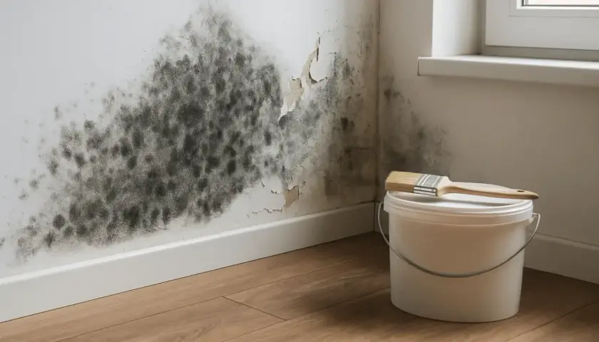 Großer **Schimmel an der Wand** breitet sich aus. Ein Farbeimer und Pinsel stehen bereit, um das Problem zu beheben.