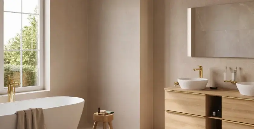 Modernes Badezimmer mit freistehender Wanne und Doppelwaschtisch. Die goldfarbene Armatur verspricht angenehme temperatur badezimmer.