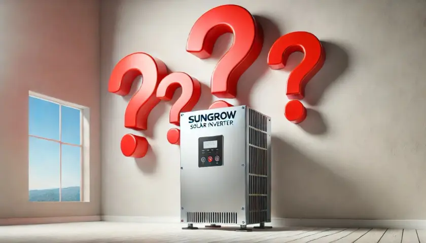 Fragen über Sungrow Nulleinspeisung? Ein Wechselrichter steht im Raum, umgeben von roten Fragezeichen.