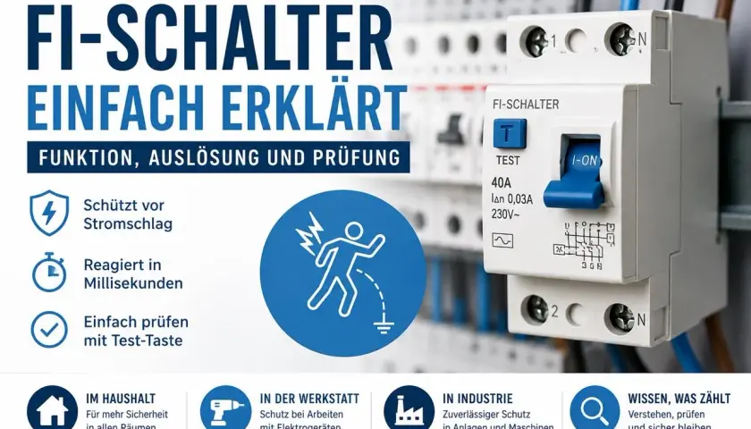 Ein FI-Schalter schützt vor Stromschlag, reagiert blitzschnell und ist einfach zu prüfen. Er ist unverzichtbar für Sicherheit im Haushalt, in der Werkstatt und in der Industrie.