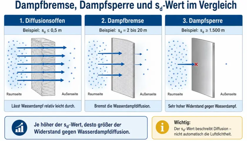Vergleich von diffusionsoffen, Dampfbremse und Dampfsperre. Je höher der sd-Wert, desto größer der Widerstand gegen Wasserdampfdiffusion.