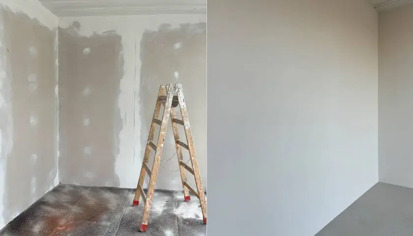 Vorher-Nachher-Vergleich: Gipskarton streichen ohne Tapete. Links unfertige Wand mit Leiter, rechts fertig gestrichene, glatte Wand.