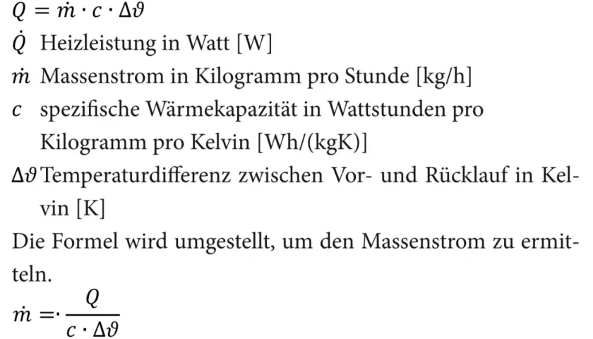 Formel zur Berechnung der Heizleistung und des Massenstroms, wichtig für die heizungspumpe durchflussmenge.
