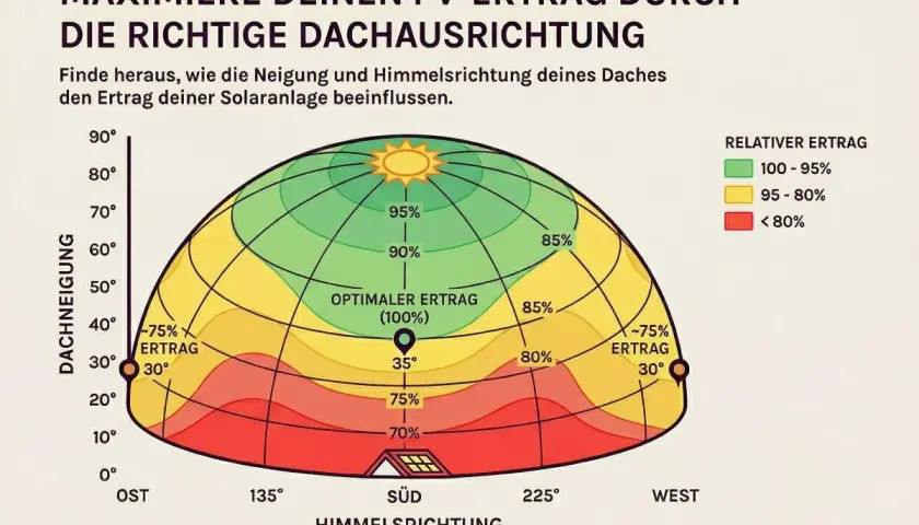 Diagramm zeigt den relativen PV-Ertrag in Abhängigkeit von Dachneigung und Himmelsrichtung. Optimaler Ertrag bei Südausrichtung und 35° Neigung.