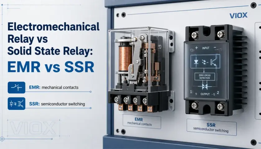 Vergleich von EMR und SSR. Ein mechanisches Relais (EMR) und ein Solid State Relais (SSR) werden gezeigt. Nachteile von Solid State Relais sind nicht direkt ersichtlich, aber die Technologie wird erklärt.