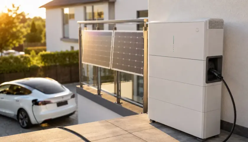 Ein Balkonkraftwerk lädt ein E-Auto. Solarmodule auf dem Balkongeländer und ein Speichergerät mit Ladekabel sind zu sehen.