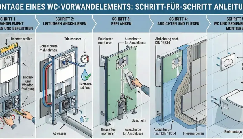 Schritt-für-Schritt-Anleitung zur Montage eines WC-Vorwandelements im Trockenbau: Rahmen ausrichten, Leitungen anschließen, beplanken, abdichten und Fliesen anbringen, bis zur Endmontage des WCs.