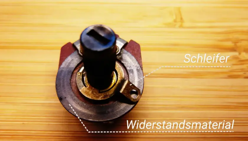 Ein Potentiometer mit Schleifer und Widerstandsmaterial. So funktioniert ein Potentiometer.