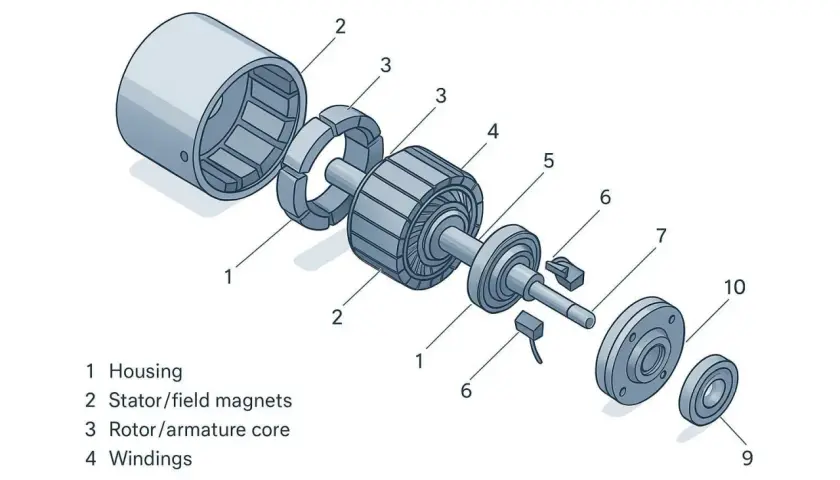 Explosionszeichnung eines Gleichstrommotors: Gehäuse (1), Stator/Magneten (2), Rotor/Anker (3) mit Wicklungen (4). So funktioniert ein DC Motor.
